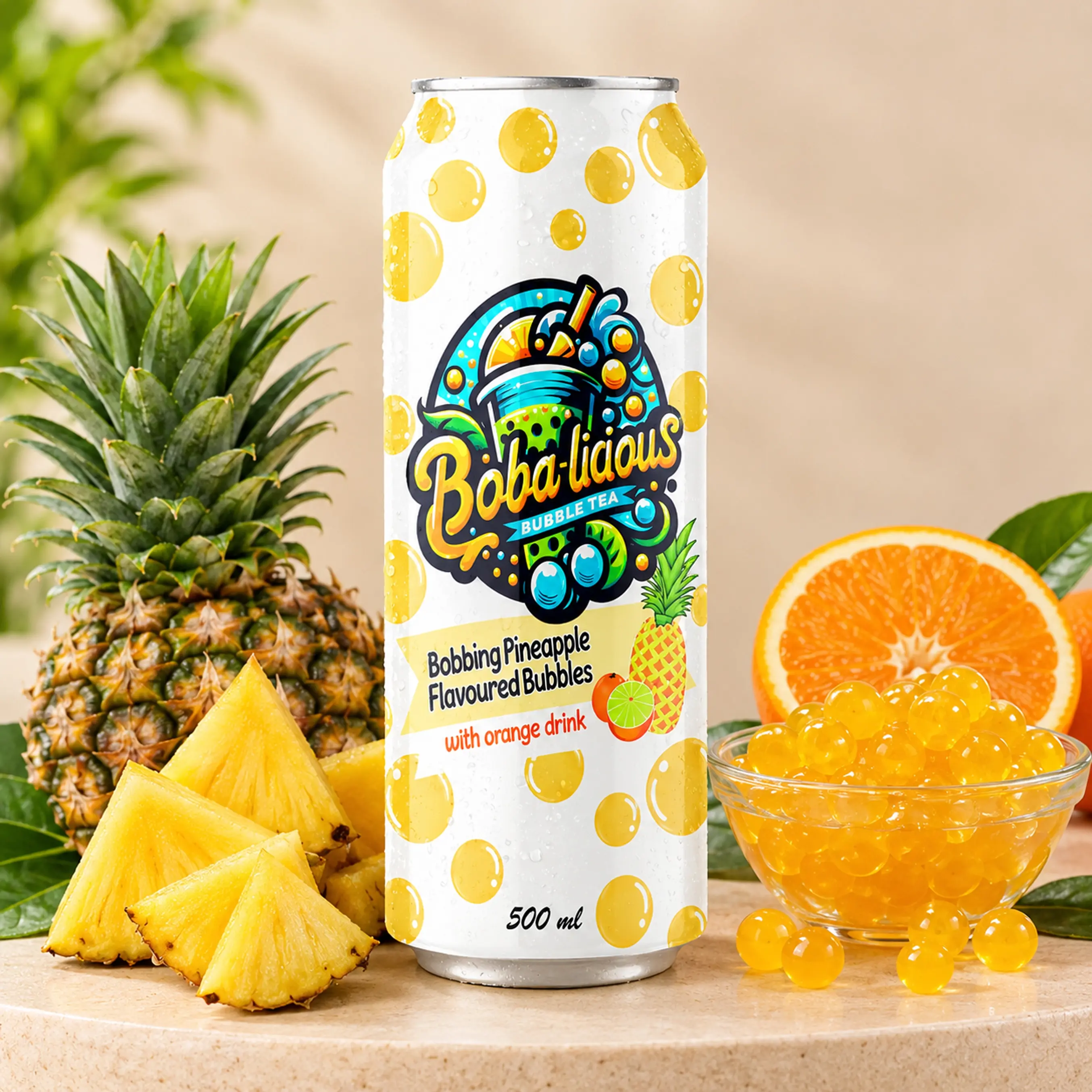 BUBBLE TEA Boba-licious Pineapple 500 ml can with pineapple flavoured bubbles, orange drink, fresh pineapple, orange and popping boba.